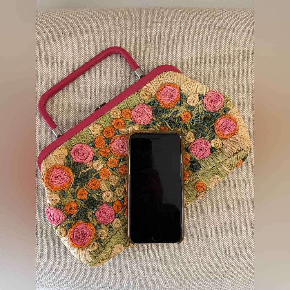 Ann Taylor Roses Raffia Clutch/Purse Vintage 1990’s Pink Orange Green Crossbody - Picture 4 of 9